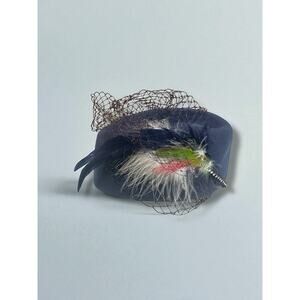 Vintage Mr. Charles Navy Wool Hat Feather Veil Netting 1950s Cocktail Fascinator